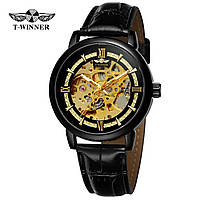 Механические автоматические часы в стиле скелетон Forsining 8173 All Black-Gold Leather