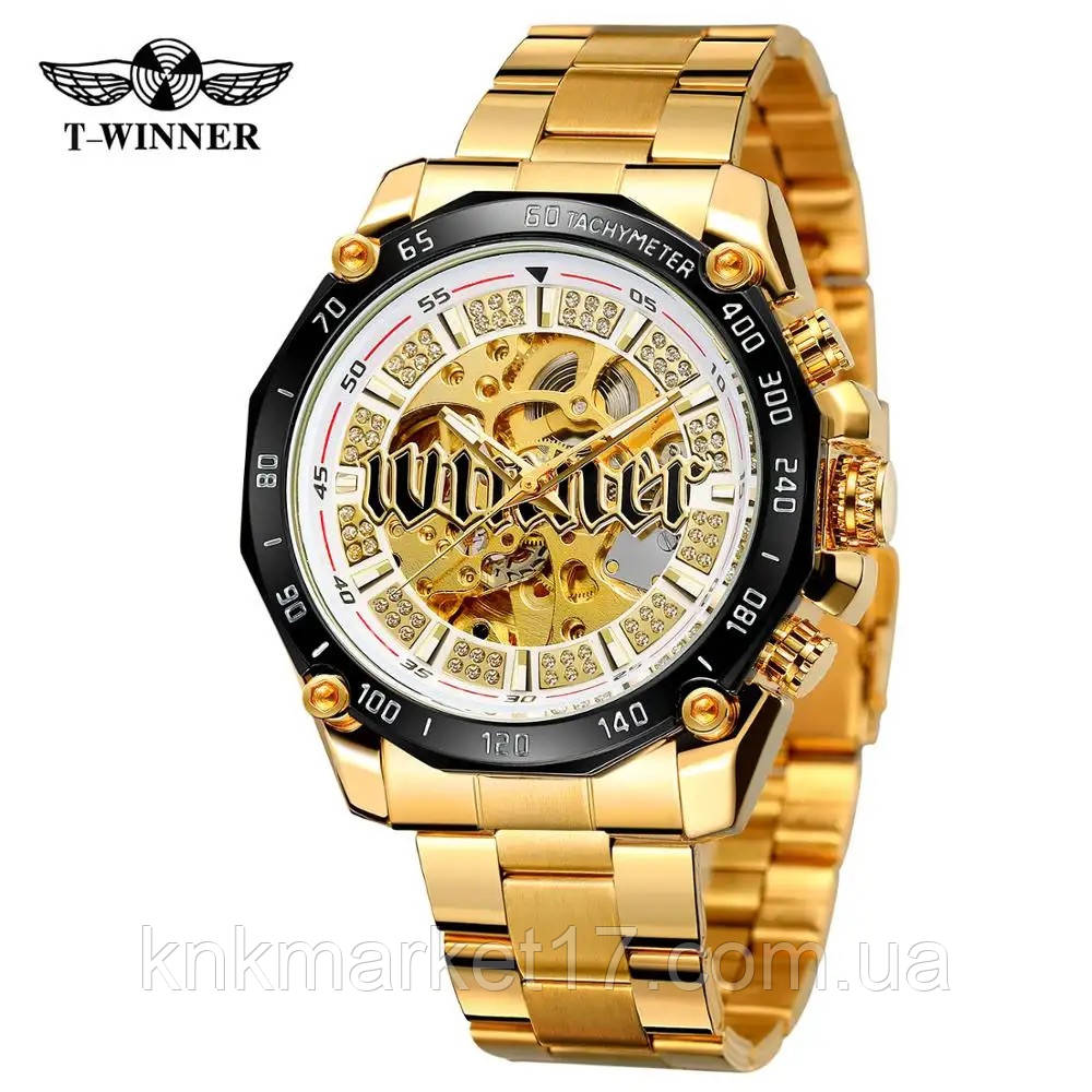 Розкішний механічний годинник-скелетон Forsining 8186 Gold-White Steel