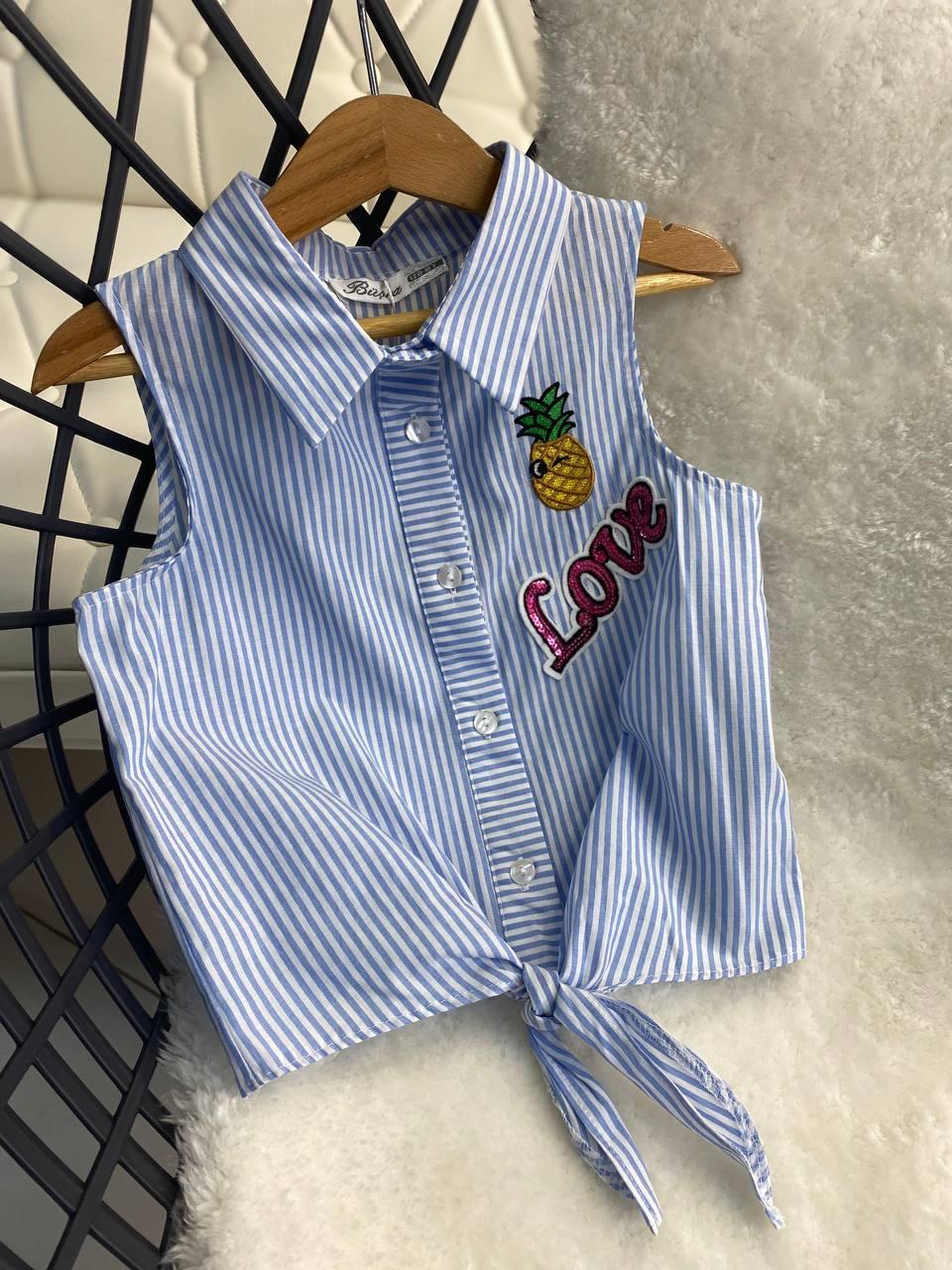Сорочка для дівчинки без рукавів у блакитну смужку з нашивкою ананас Білий 171074 Busra, Розовый, Девочка, Лето, 140 см, фото 1