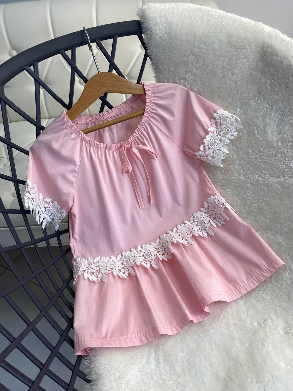 Літня блузка з коротким рукавом на девочку розова з білим кружевом 726 Bellisimo moda, Розовый, Девочка, Лето, 7/8 р., фото 1