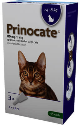 Prinocate краплі на холку для котів 4-8 кг 1 шт проти бліх,кліщів і глистів 80mg/8mg 0,8 ml Принокат KRKA