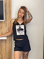 Летняя стильная женская пижама майка и шорты с черным принтом L