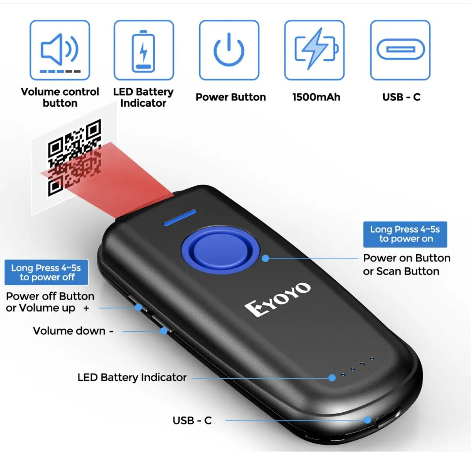 Портативный Bluetooth 1D сканер Eyoyo EY-023C для Android IOS Win Mac Linux - фото 3 - id-p548394769