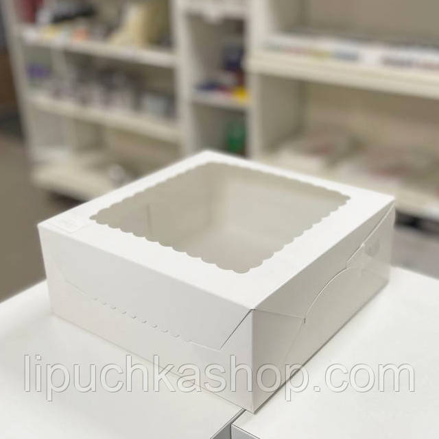 Коробка для торту з мелованого картону, біла, з віконцем, 25х25х10 см, фото 1