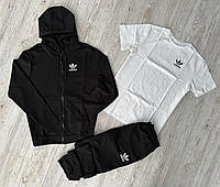 Спортивный костюм Adidas черный с белым мужской на змейке ,Весенний костюм Адидас 3в1 Кофта + Штаны + Футболка