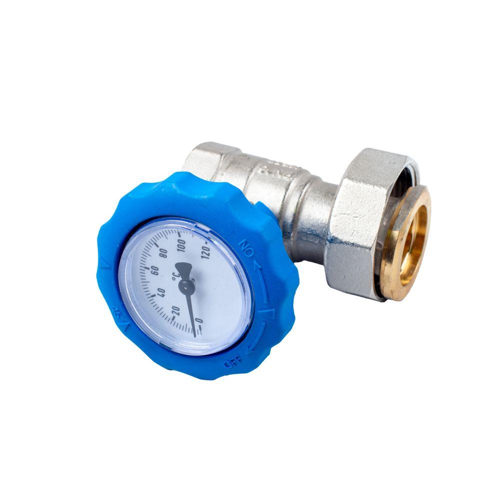 Art. 870/TE Шаровий кран для насоса з термометром, DN20, 1" В х 1" 1/2 НГ, без зворотного клапана, синій