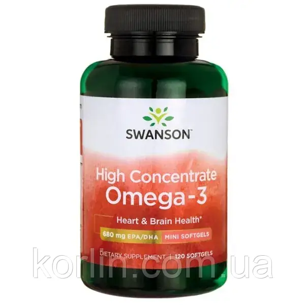 Омега 3 Риб'ячий Жир Висококонцентрований 120 кап Swanson High Concentrate Omega-3 Fish Oil США Доставка з ЄС, фото 1