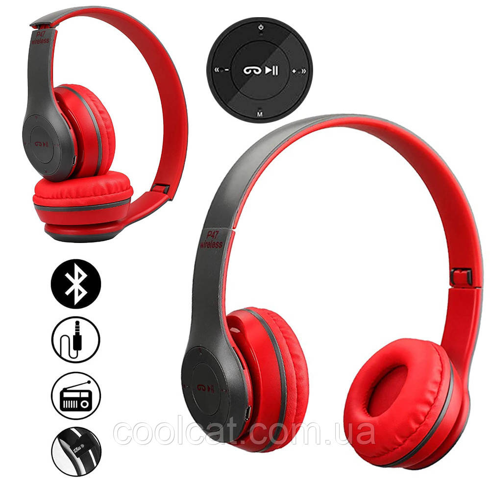 Бездротові Bluetooth навушники з мікрофоном, радіо, MP3, microCD, P47, Червоний / Гарнітура з MP3 плеєром