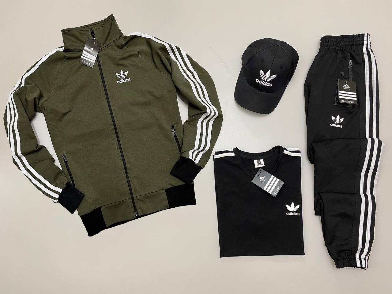 Adidas спортивний костюм чоловічий футболка кепка комплект весняний осінній адідас хакі, фото 1