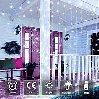 Ollny Lights Curtain Lights Christmas Cool White 300 LED 3*3m, Пульт дистанційного керування з живленням від USB 8 режимів