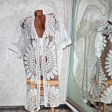 Розмір L (46-48). Білий пляжний халатик сітка з мереживною вишивкою, стильна накидка для пляжу та відпочинку, фото 9