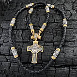 Позолочений хрестик 33 ванни на шкіряному шнурку зі вставками, що зображують лики святих, фото 4