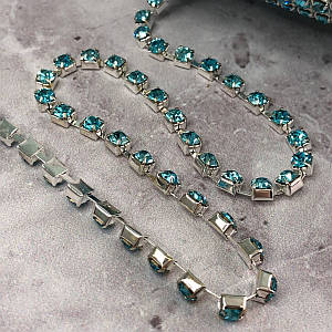 1м - Стразовий ланцюг SS 12 (3 мм) Аквамарин кристал у сріблі