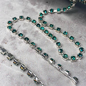 1м - Стразовий ланцюг SS 12 (3 мм) Бірюзовий кристал у сріблі