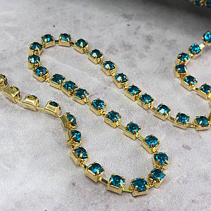 1м - Стразовий ланцюг SS 12 (3 мм) Блакитний кристал у золоті