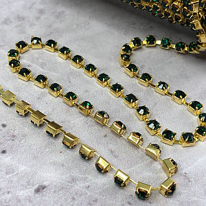 1м - Стразовий ланцюг SS 12 (3 мм) Смарагдовий кристал у золоті