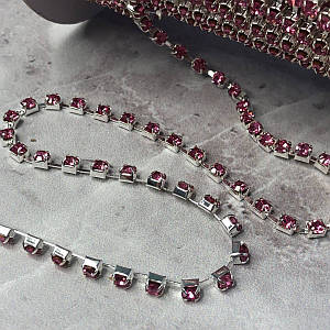 1м - Стразовий ланцюг SS 12 (3 мм) Рожевий кристал у сріблі