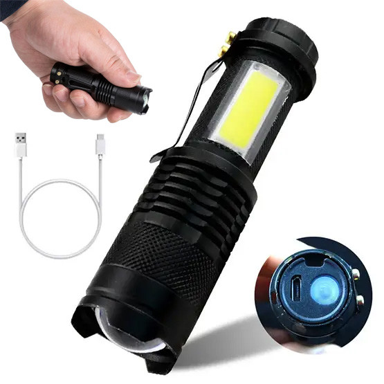 Фонарик ручний акумуляторний з бічним світлом, USB зарядка, кейс, BL-525+COB / Ліхтарик тактичний з акумулятором, фото 1