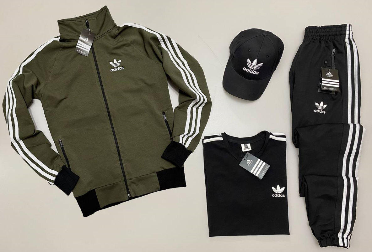 Спортивний набір Adidas 4в1 Адідас костюм чоловічий чорний хакі кофта штани футболка кепка лампас весна двунитка