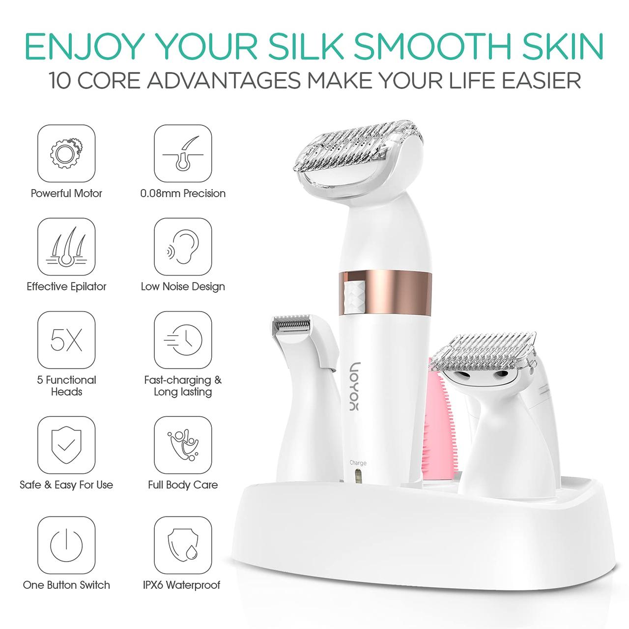 VOYOR Electric Shaver для жінок Бікіні Тріммер для видалення волосся для тіла обличчя, 5 в 1 грумер комплект Леді Шейвер Бікіні Бр