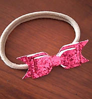 Повязка бантик с блестками на резинке для девочки Розовая