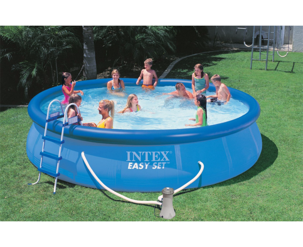 Надувний безкаркасний круглий басейн Intex 26168 (457-122см, фільтр-насос, сходи, підстилка, тент) Синій, фото 1