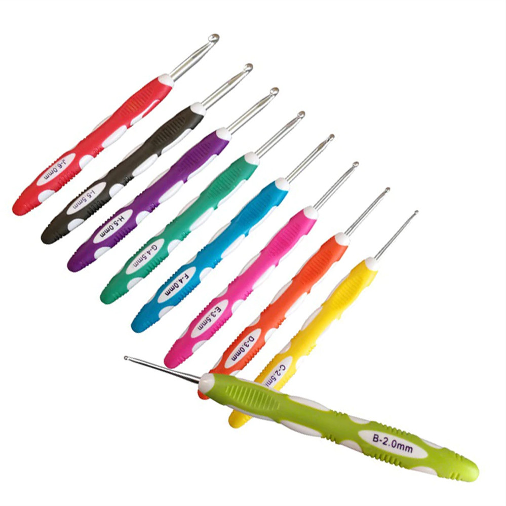 Гачки для в'язання в наборі різних розмірів металеві з гумовою різнокольоровою ручкою 9 шт, фото 1