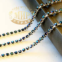 Стразовая цепочка, цвет Metallic Blue, ss6 (2mm), металл серебро, 1м