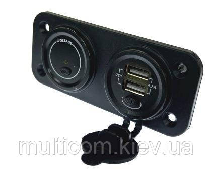 01-16-131. Гніздо автоприкурювача на 2 гнізда USB, на панелі, 4,2 А, з кнопкою + вольтметр 12-24V