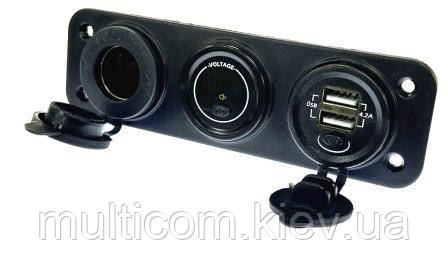 01-16-136. Гніздо автоприкурів. на 2 г. USB, на панелі, 4,2 А, з кнопкою + вольтметр 12-24V + гніздо прикур.
