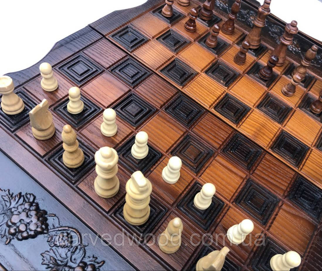 Набір шахи, шашки, нарди (3 в 1) різьблені з натурального дерева термоясена ЧПУ "Калина"