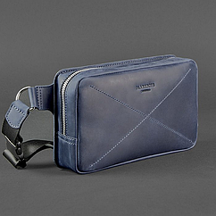 Сумка-слінг чоловіча шкіряна бананка, сумка з натуральної шкіри на пояс або на груди чоловіча синя