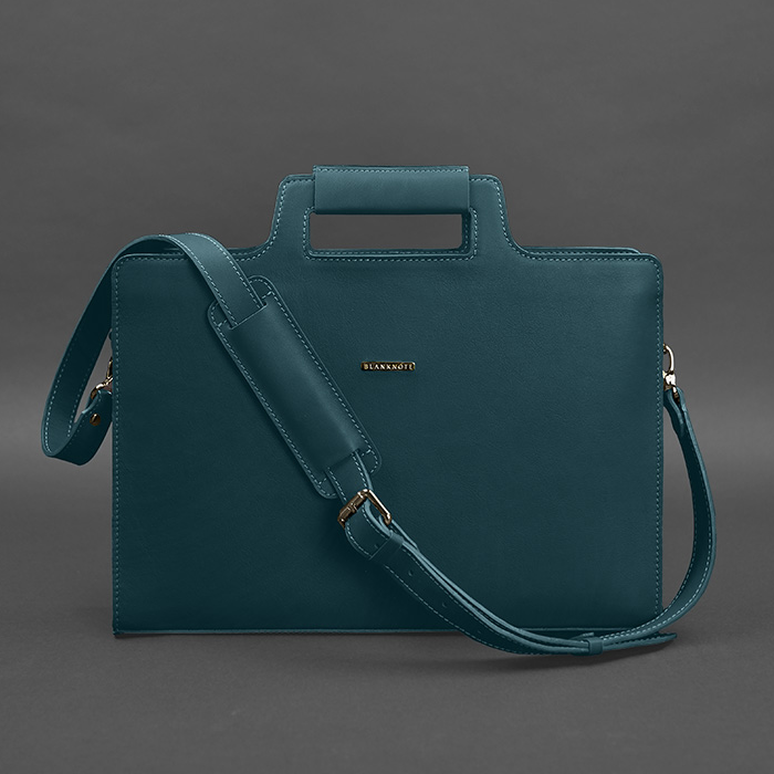 Жіноча шкіряна сумка для ноутбука та документів велика офісна через плече з ручками зелена, фото 1