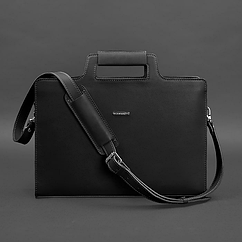 Жіноча шкіряна сумка для ноутбука та документів велика офісна горизонтальна через плече з ручками чорна