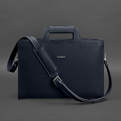 Жіноча шкіряна сумка для ноутбука та документів велика офісна через плече з ручками темно-синя