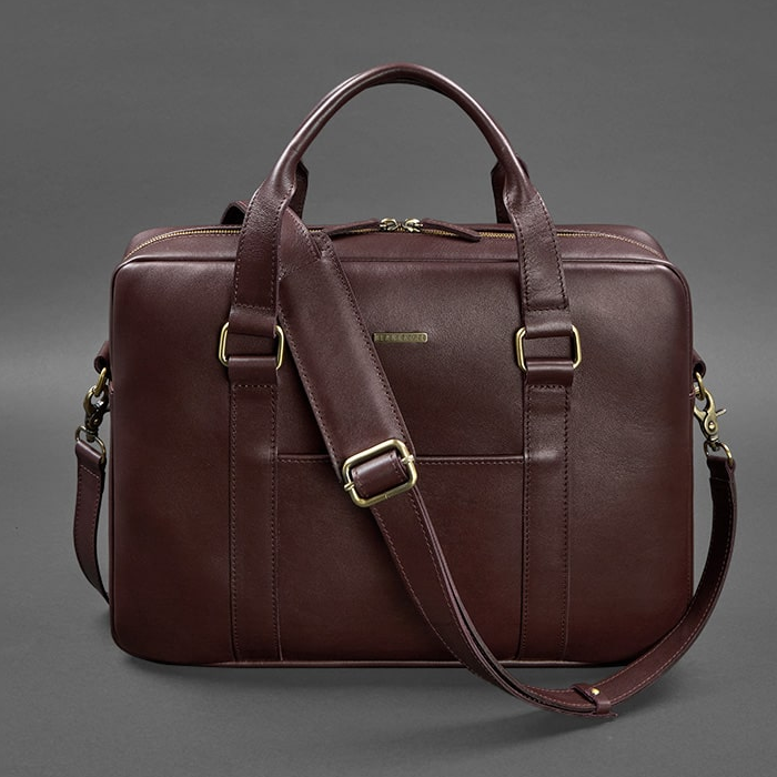 Жіноча шкіряна сумка для ноутбука та документів велика офісна на плече з ручками бордова, фото 1