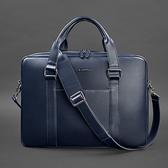 Жіноча шкіряна сумка для ноутбука та документів велика офісна на плече з ручками темно-синя