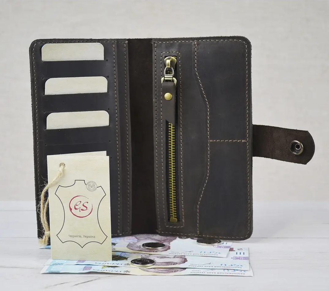 Чоловічий шкіряний гаманець лонгер купюрник із монетницею з натуральної шкіри коричневий, фото 1