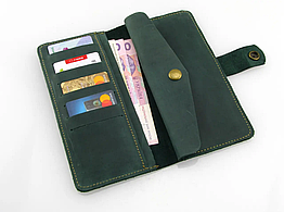 Жіночий шкіряний гаманець купюрник клатч лонгер із натуральної шкіри зелений