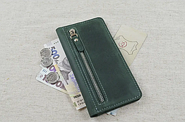Жіночий шкіряний гаманець лонгер купюрник клатч із натуральної шкіри зелений