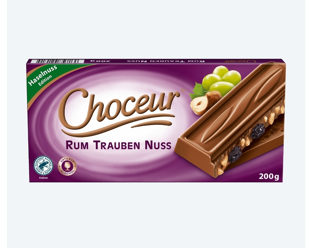Молочний шоколад Choceur Rum Trauben Nuss з ямайським ромом, родзинками та фундуком 200 г., фото 1