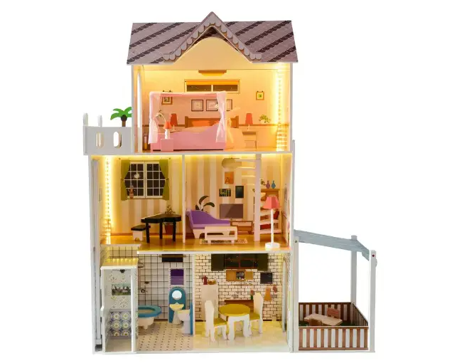 Деревянный кукольный домик с мебелью и подсветкой LED Ecotoys