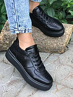 Классически осенние кроссовки черные из натуральной кожи, размеры от 36 до 41