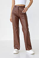 Женские прямые кожаные коричневые брюки с высокой посадкой
