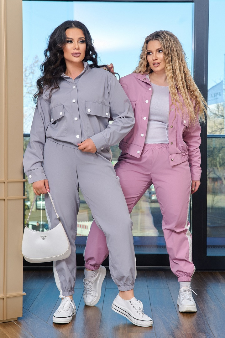 Жіночий костюм-двійка (куртка та штани) з плащової тканини батал: 48-50, 52-54, 56-58 - чорний, сірий, капучино, фреза - фото 1 - id-p1792721278