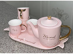 💚Сервіз порцеляновий чайний, з 6 предметів, на 4 персони, рожевий, стильний, на підносі