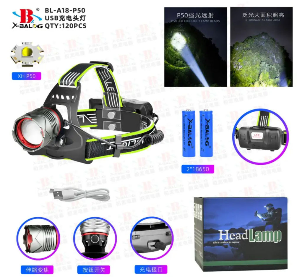 Акумуляторний налобний ліхтар BL-A18-P50, фото 1