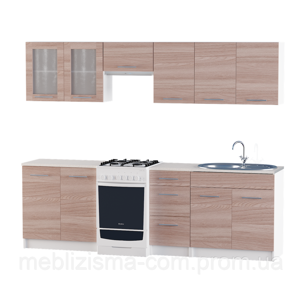 Кухня модульна зі стільницею врізною мийкою і сифоном Еверест Еко набір 2.5 м Ясен Шимо темний