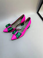 Стильные женские туфли кожаные на каблуке розовые, фуксия. Туфли натуральные для женщин яркие розовые, зеленые