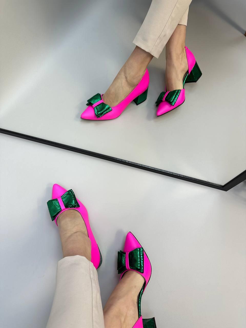 Стильные женские туфли кожаные на каблуке розовые, фуксия. Туфли натуральные для женщин яркие розовые, зеленые - фото 3 - id-p1792905137